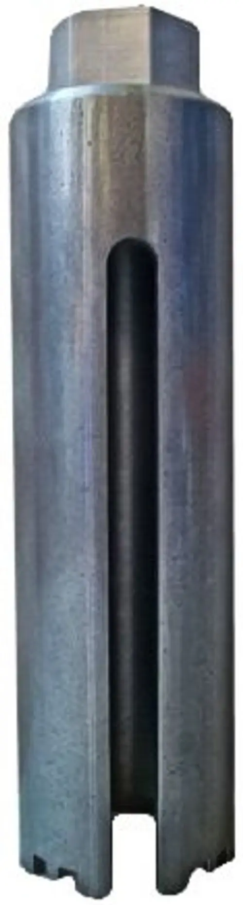 Zylindrisches Metallteil mit einer zentralen Öffnung und Aussparungen an der Unterseite, möglicherweise ein Verbindungselement. Markenlogo von Bosch sichtbar.